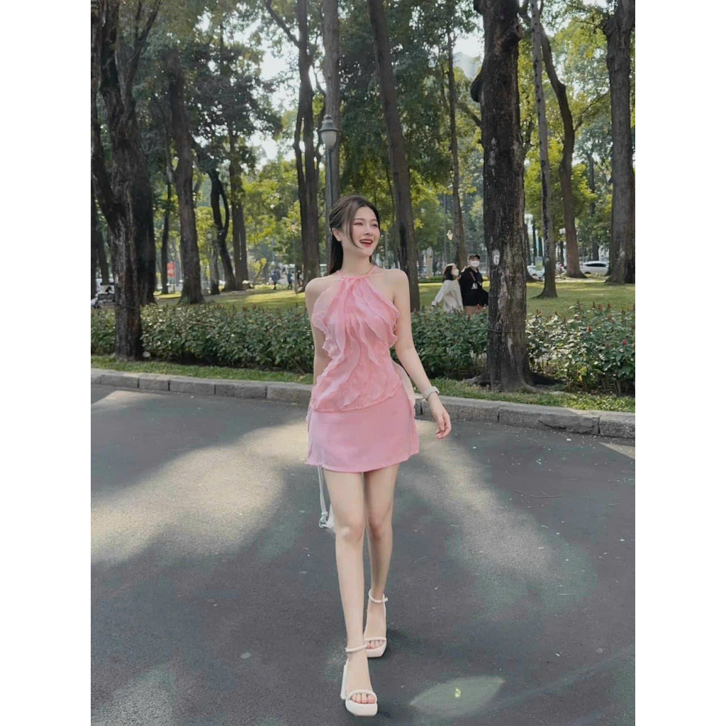 SET ÁO VOAN HAI LỚP PHỐI BÈO CỔ YẾM VÀ CHÂN VÁY CÓ LÓT