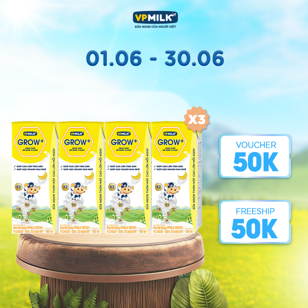 Combo 3 lốc sữa tiệt trùng VPMilk Grow+ vị chuối 180ml (lốc 4 hộp x 3)