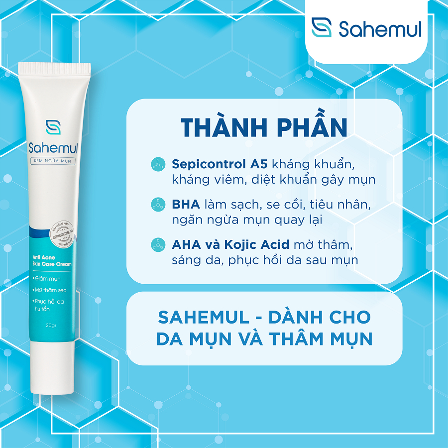 Combo Kem Ngừa Mụn Sahemul 50gr dùng cho mụn bọc, mụn viêm, thâm mụn & Kem Chống Nắng Kiềm Dầu Cho Da Mụn 50gr