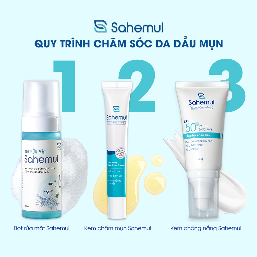 Combo Kem Ngừa Mụn Sahemul 50gr dùng cho mụn bọc, mụn viêm, thâm mụn & Kem Chống Nắng Kiềm Dầu Cho Da Mụn 50gr