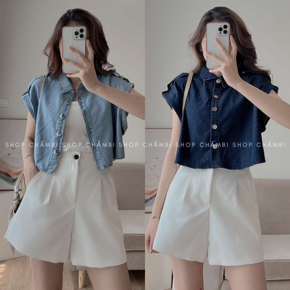 Áo khoác jean nữ A.482, Áo áo bò tay hến gấp gấu trẻ trung năng động - Shop Chấm Bi