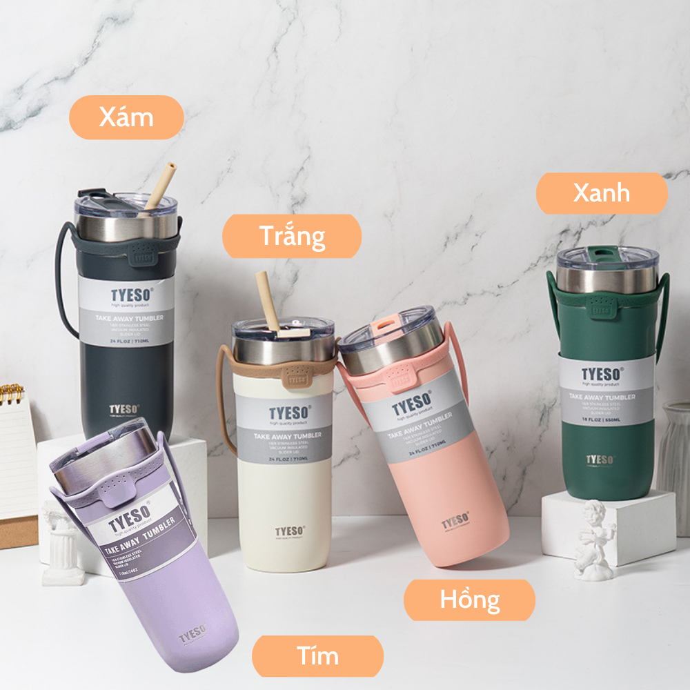 Ly giữ nhiệt TYESO MAX có ống hút và quai xách đi kèm thể tích 710ML ,4 màu