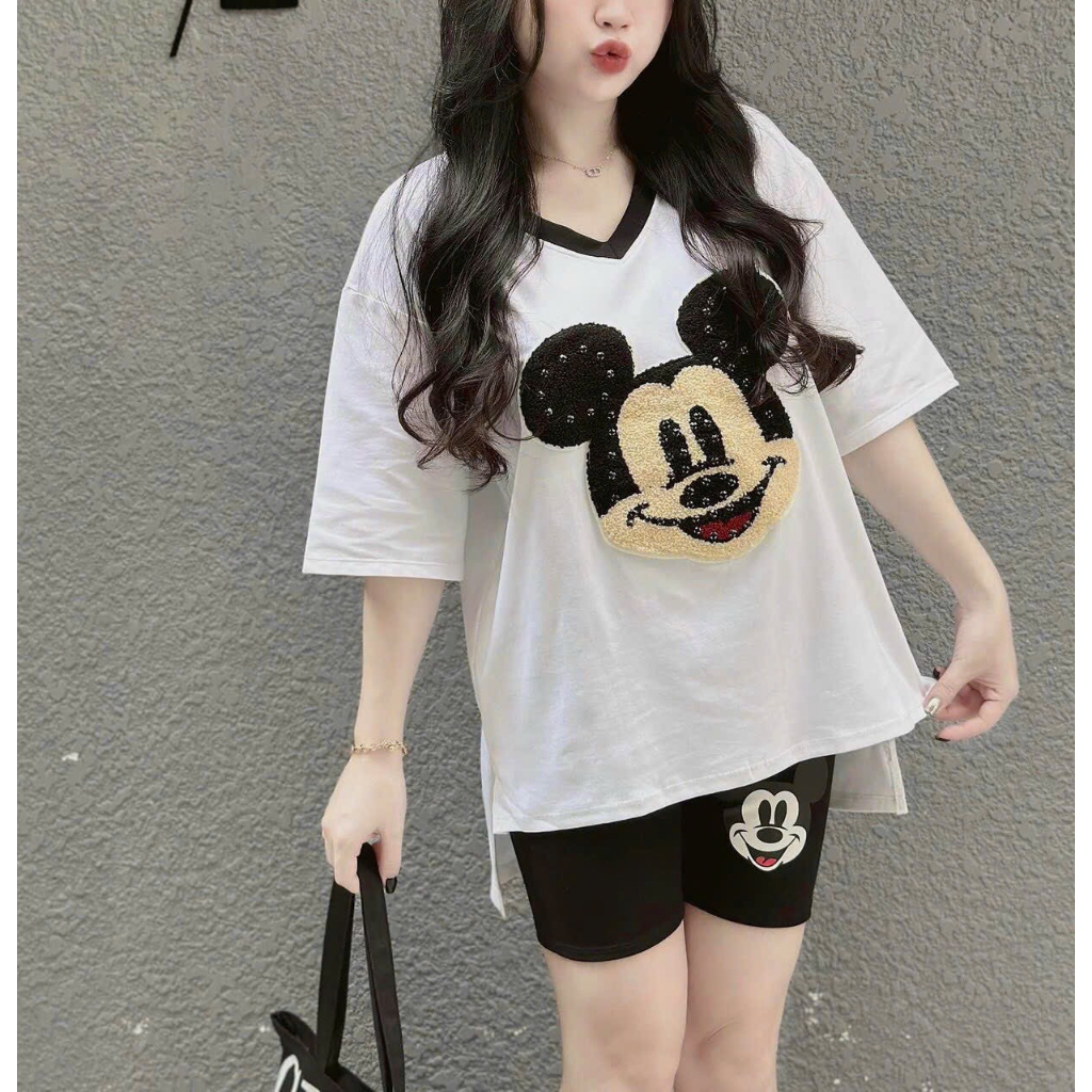[6.6 Sales Freeship] Set bộ đùi thun ngố in mickey, set áo tthun from rộng cổ tim in đầu mickey xẻ tà 2 bên xinh xắn mtb