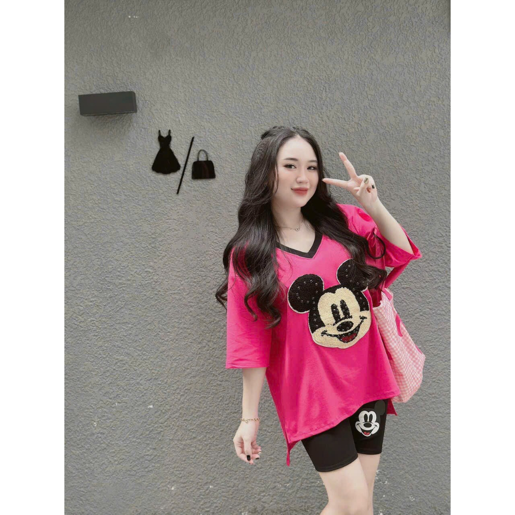 [6.6 Sales Freeship] Set bộ đùi thun ngố in mickey, set áo tthun from rộng cổ tim in đầu mickey xẻ tà 2 bên xinh xắn mtb