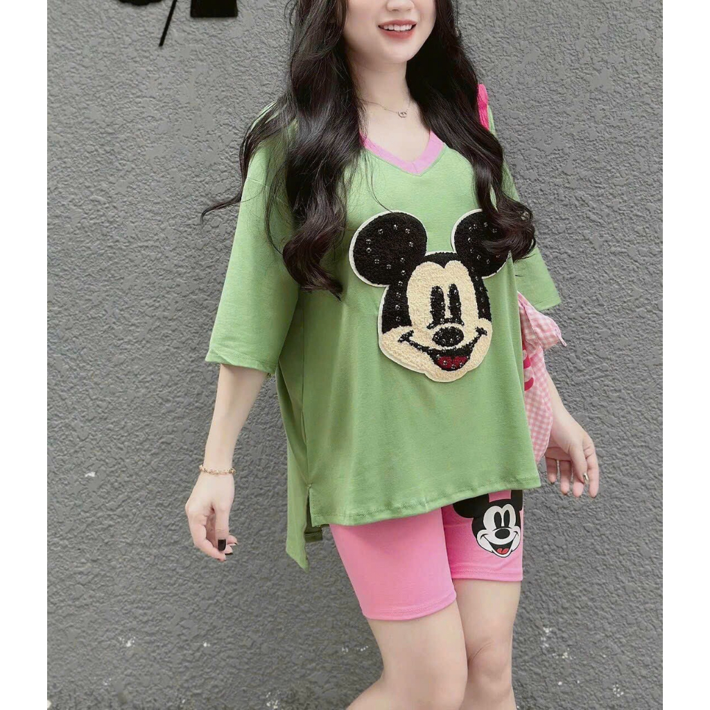 [6.6 Sales Freeship] Set bộ đùi thun ngố in mickey, set áo tthun from rộng cổ tim in đầu mickey xẻ tà 2 bên xinh xắn mtb