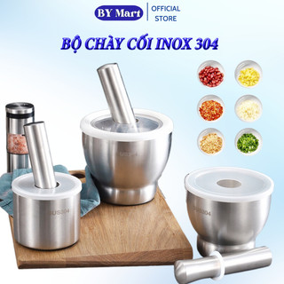 Bộ chày cối inox 304 cao cấp có nắp đậy kèm, chày cối nguyên khối giã đồ nhuyễn không han gỉ tiện ích cho gia đình