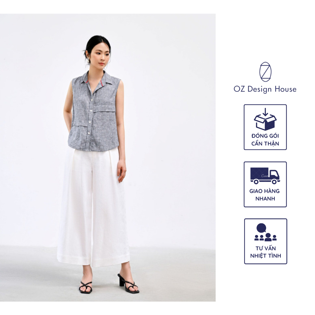 Áo nữ OZ Design House AO42435XHE23 cotton cổ Đức trang trí nẹp ngang màu ghi kẻ trắng