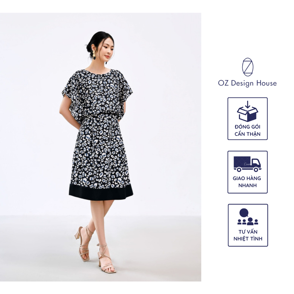 Áo nữ OZ Design House AO47456SUM23 thô lụa cổ tròn tay bèo rơi in họa tiết tròn xanh trắng