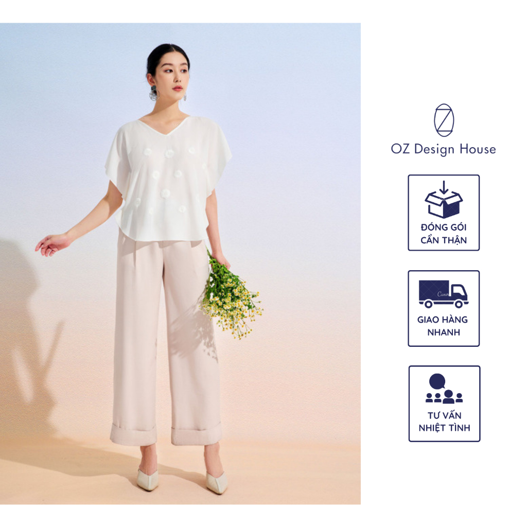 Áo nữ OZ Design House AO46457SUM23 thô lụa cổ tim tay rơi thêu hoa cách điệu màu trắng