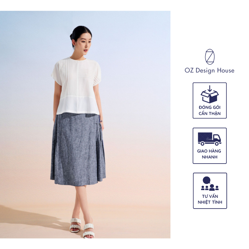 Áo sơ mi OZ Design House AO48457SUM23 thô lụa cổ tròn trang trí mí dọc ngang màu trắng