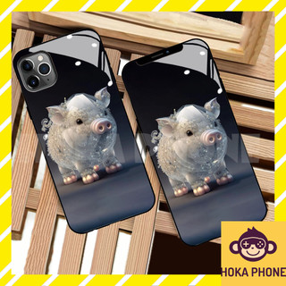 Ốp điện thoại lợn 12 con giáp kính cường lực Hoka cho IP 6 7 8 plus/ X Xs max/ 11 12 13 14 pro max