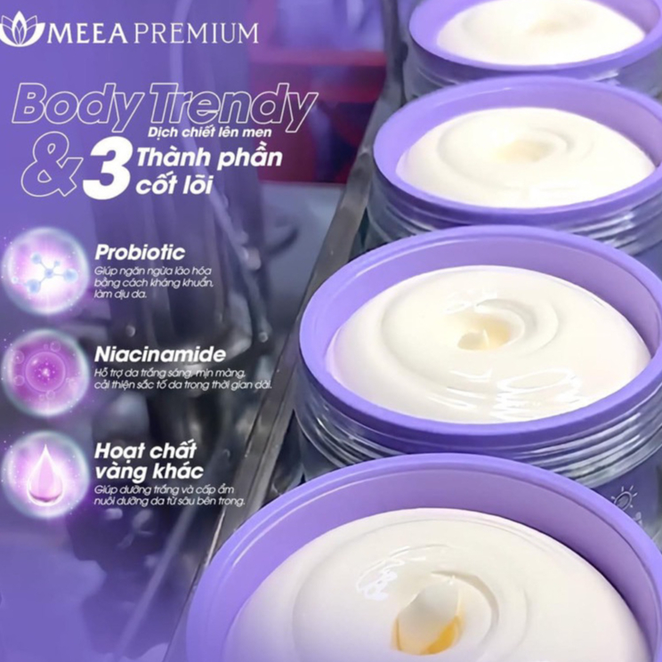 Kem body trendy tím MEEA dưỡng trắng da body, kem dưỡng ẩm body nâng tone da kích trắng mờ thâm tặng gói ủ trắng 250g
