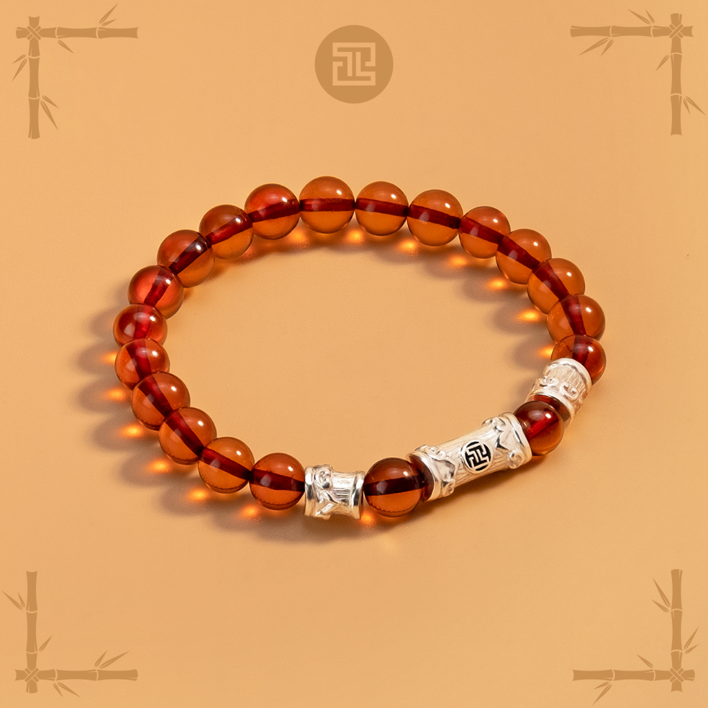 TINH LÂM Vòng Hổ Phách Đỏ 6 Li - Charm Lu Thống Ống Tre Kết Hợp (Limited Edition) + Gift Box Yêu Tre