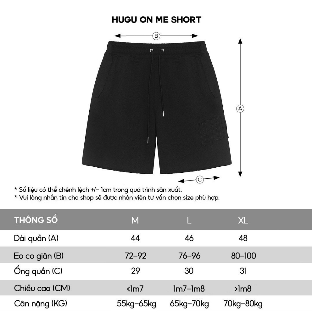 Quần thun ngắn màu đen unisex HUGU - HUGU ON ME SHORT - 100% cotton, logo thêu nổi