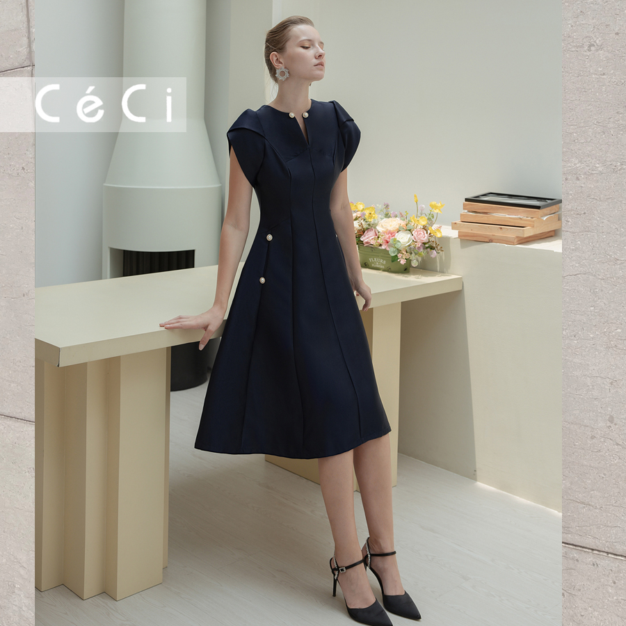 CECI Đầm Midi Sophie thiết kế cổ V đính nút dáng xòe dài phù hợp đi làm, đi chơi, đi tiệc size SML.