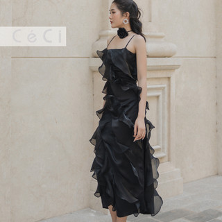 CECI Đầm maxi hai dây với thiết kế layer bèo xẻ tà thời thượng