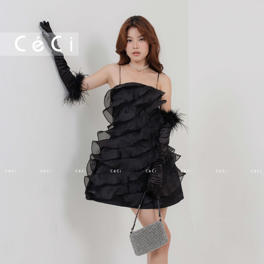 SIZE SML - RUFFLE DRESS, Đầm đen hai dây organza layer bèo form mini tôn dáng, CéCi Store.