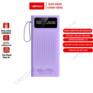 Cục sạc dự phòng pin 20000mah liketech công suất 66w pd màn hình led hỗ trợ sạc nhanh tích hợp dây cáp sạc đèn pin