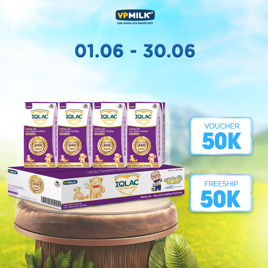 Thùng 48 hộp sữa uống dinh dưỡng VPMilk IQLac Colostrum biếng ăn, suy dinh dưỡng premium 110ml/hộp