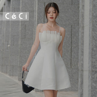 Size SML - Đầm hai dây dáng xòe phối organza bèo ngực, Céci Store.