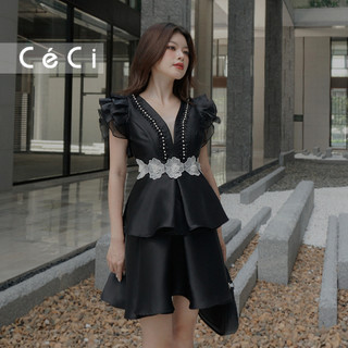 Đầm tafta cổ V đính ngọc phối tay lưới, dáng xòe hai tầng, Céci Store.