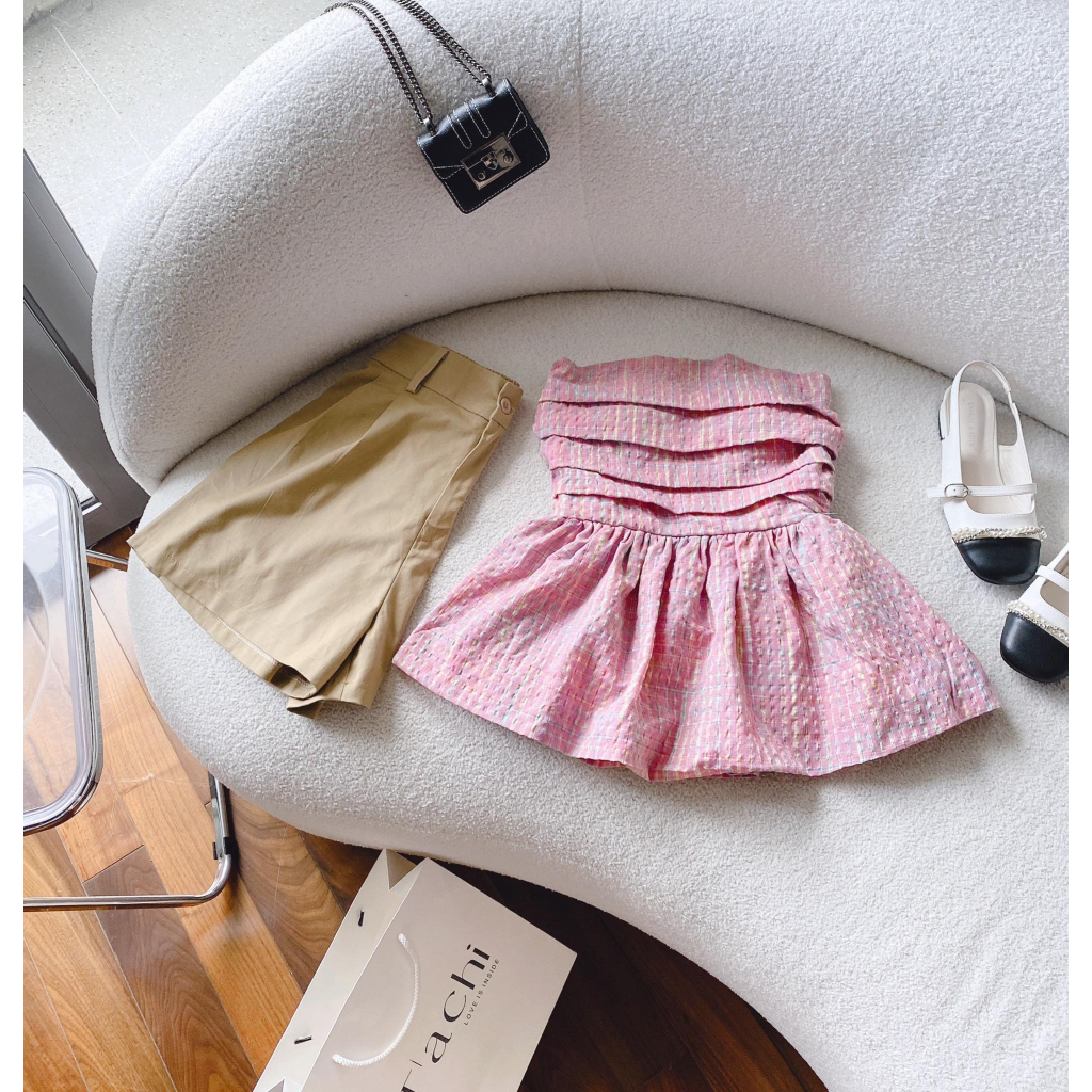 SET ỐNG HỒNG CARO XOÈ PHỒNG + SHORT NUDE