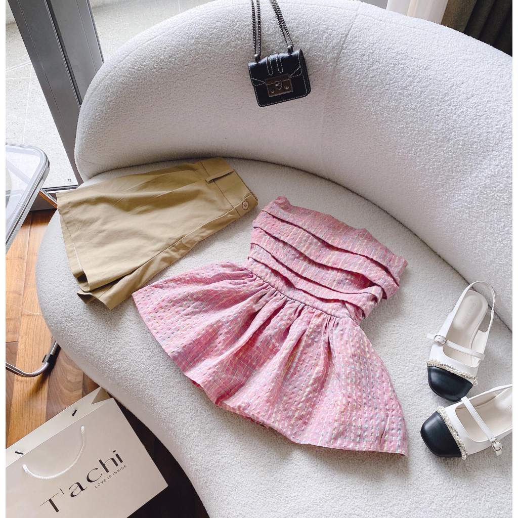 SET ỐNG HỒNG CARO XOÈ PHỒNG + SHORT NUDE