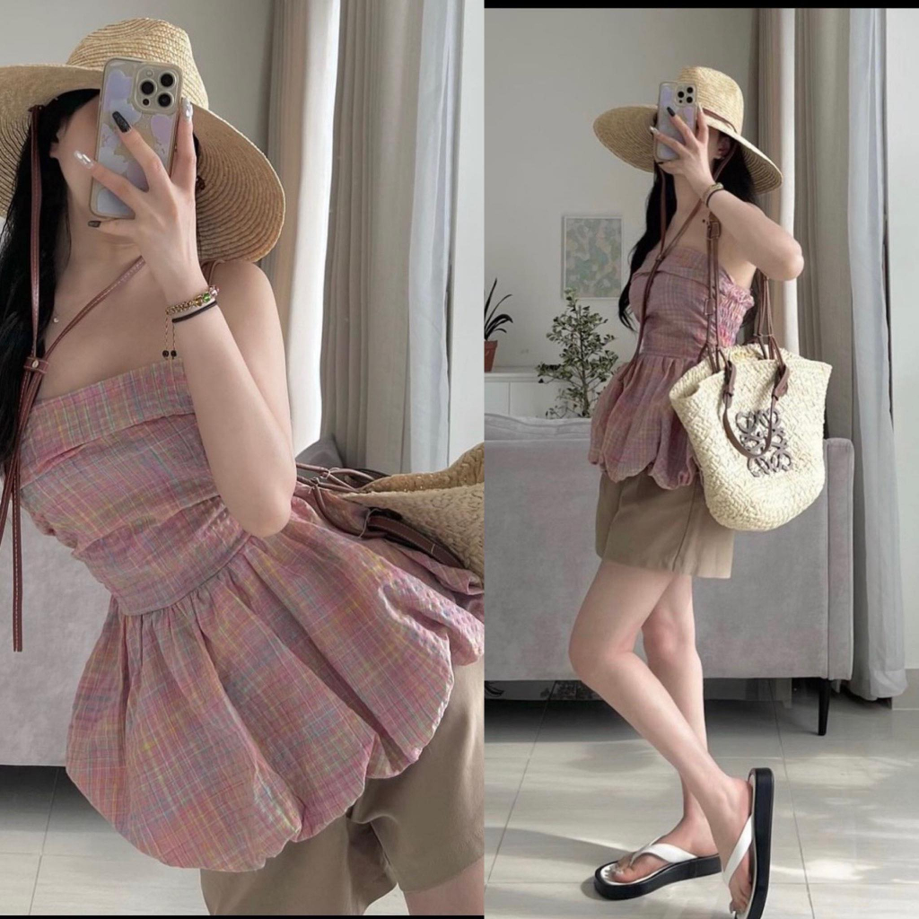 SET ỐNG HỒNG CARO XOÈ PHỒNG + SHORT NUDE