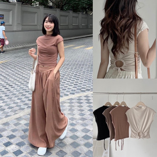 Áo croptop thun cổ 3 phân tay cụt cánh dơi rút dây sau form ôm 4 màu freesize Pumi 14609