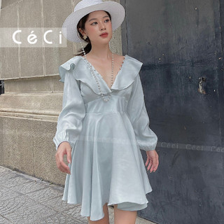 CECI Đầm Mina thiết kế cổ V bèo tay dài tiểu thư phù hợp đi chơi, đi làm.