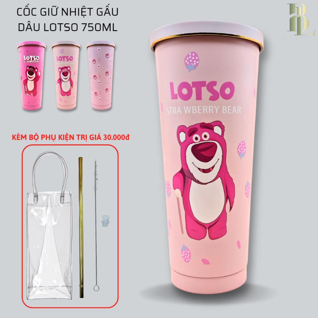 Ly giữ nhiệt 750ml gấu dâu lotso- tặng ống hút inox + chổi ống hút (tuyển sỉ)