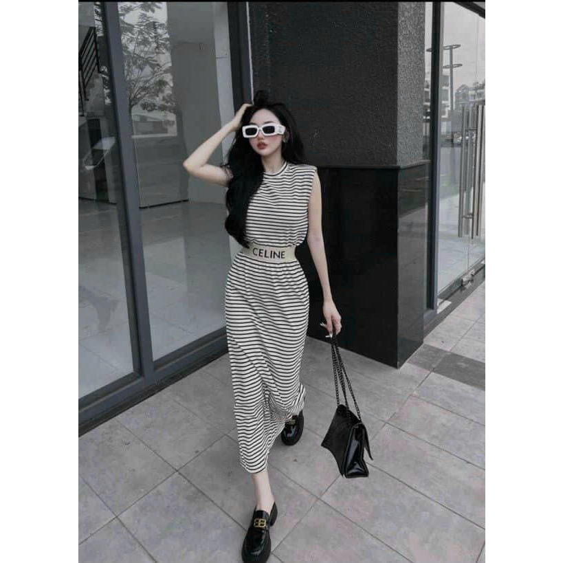 Set váy thun kẻ sọc tay sát nách mix chân váy dài đuôi cá cực xinh đẹp sang trọng