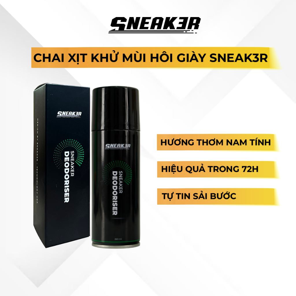 Xịt khử mùi giày Sneaker loại bỏ mùi hôi chân, ngăn ngừa mồ hôi, vi khuẩn công nghệ bạc AG+ SNEAK3R 260ml