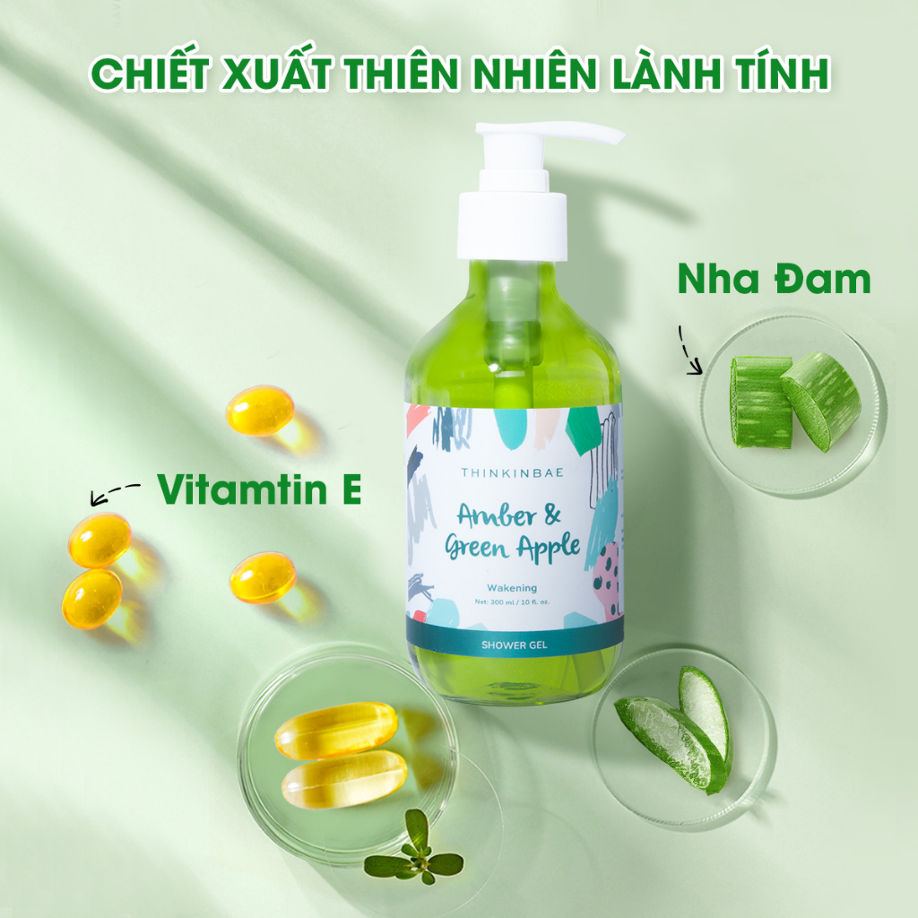 Combo 1 Chai Gel Tắm + 1 Chai Kem Dưỡng Thể Thinkinbae Hương Hổ Phách Amber & Green Apple 300ml