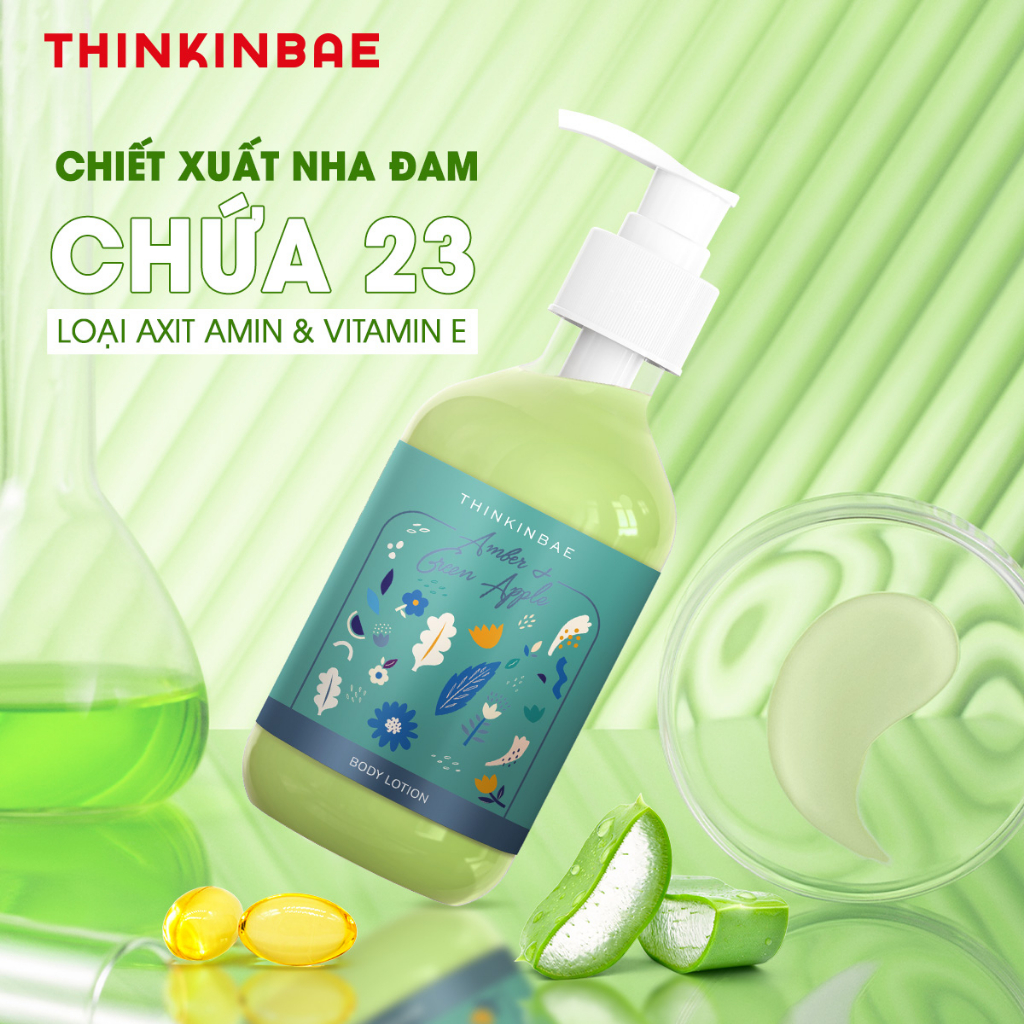 Combo 1 Chai Gel Tắm + 1 Chai Kem Dưỡng Thể Thinkinbae Hương Hổ Phách Amber & Green Apple 300ml