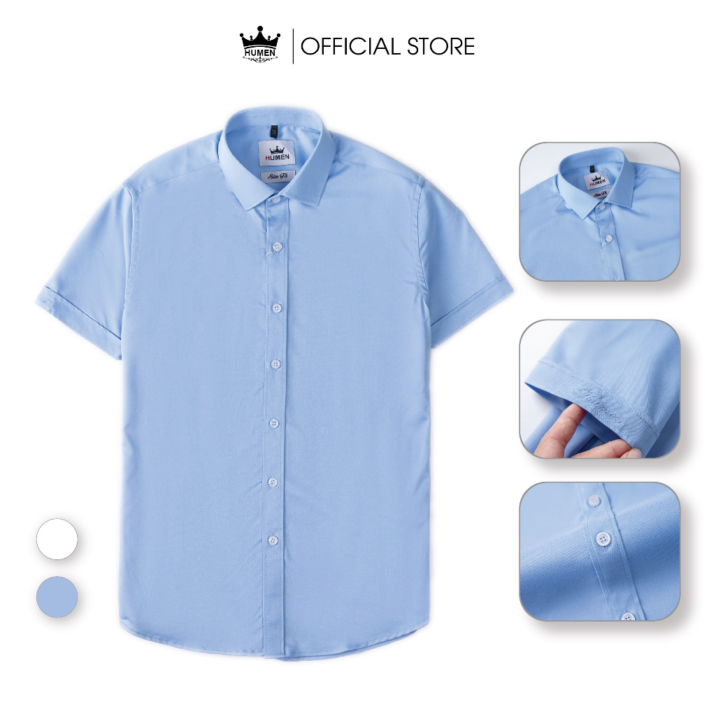 Áo sơ mi nam Humen cộc tay ngắn tay chất liệu sợi sồi mềm mại thoáng khí không nhàu chống nhăn màu xanh biển chuẩn form | BigBuy360 - bigbuy360.vn