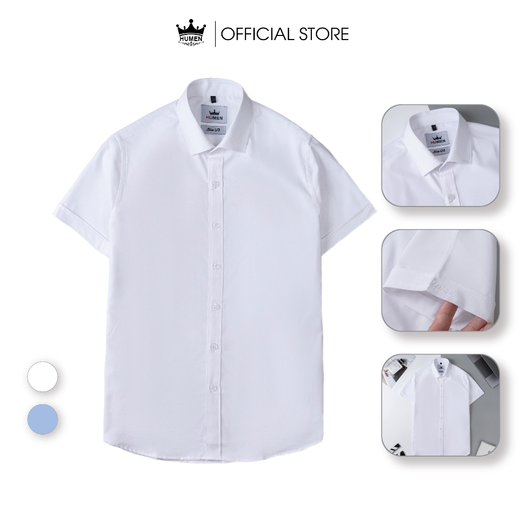 Áo sơ mi nam Humen cộc tay ngắn tay chất liệu sợi sồi mềm mại thoáng khí không nhàu chống nhăn màu xanh biển chuẩn form | BigBuy360 - bigbuy360.vn