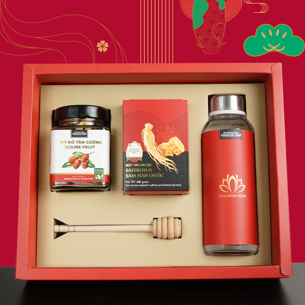 Set quà tặng, hộp quà tặng sâm mật ong saffron và táo đỏ / kỷ tử chính hãng Kingdom Herb
