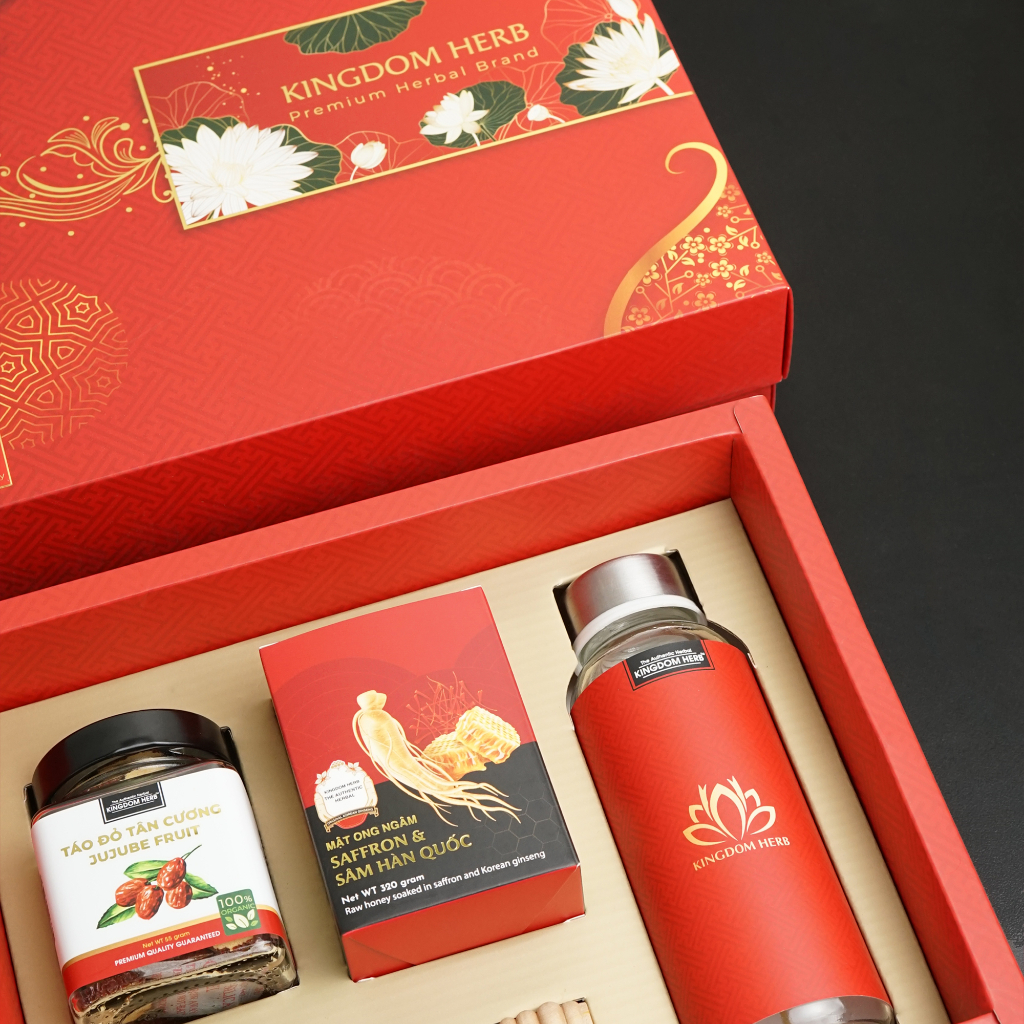 Set quà tặng, hộp quà tặng sâm mật ong saffron và táo đỏ / kỷ tử chính hãng Kingdom Herb