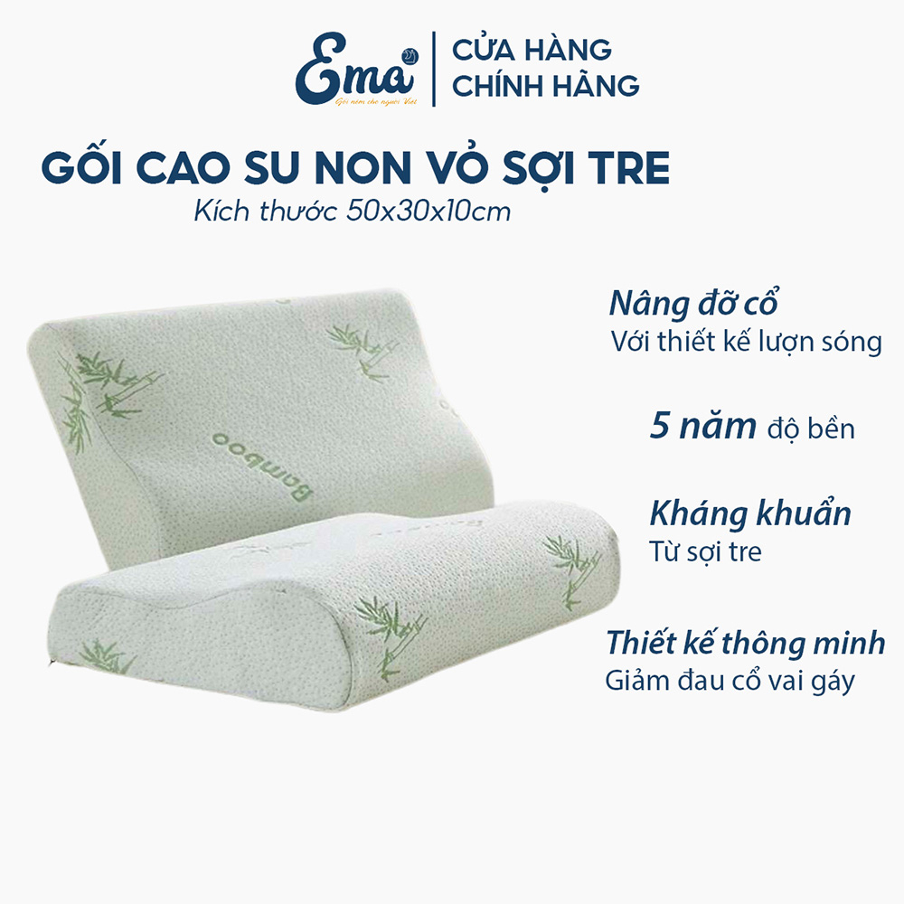 Gối cao su non người lớn Ema vỏ sợi tre kháng khuẩn thiết kế lượn sóng chống đau mỏi cổ vai gáy ngủ nhanh ngủ ngon hơn