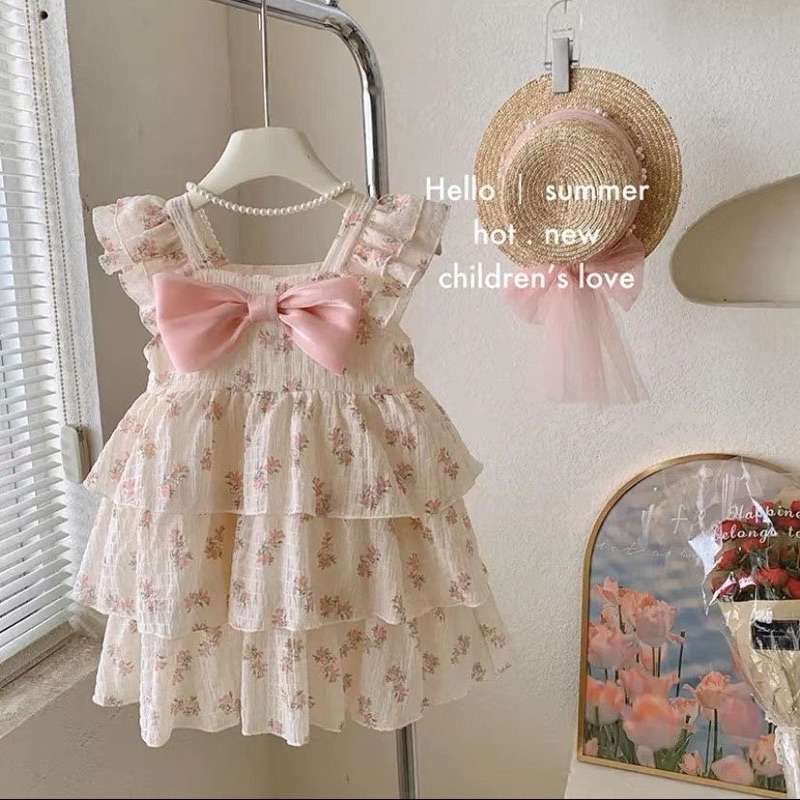 Đầm Bé Gái Mùa Hè 2023 Mới Ngọt Ngào Nơ Váy Hoa Cho Bé Tay Bay Đầm Công Chúa