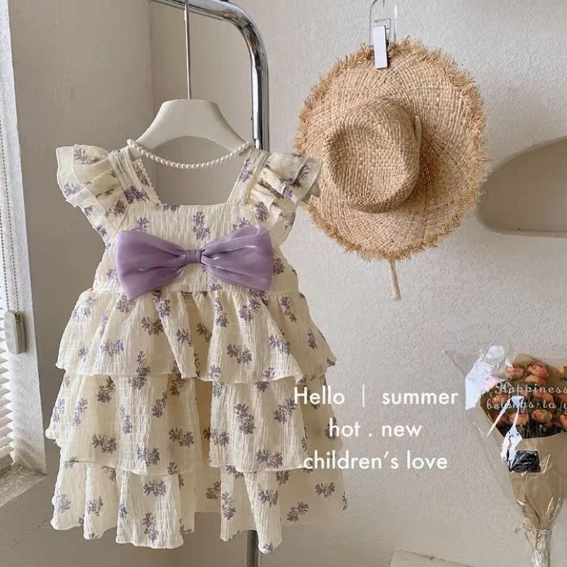 Đầm Bé Gái Mùa Hè 2023 Mới Ngọt Ngào Nơ Váy Hoa Cho Bé Tay Bay Đầm Công Chúa