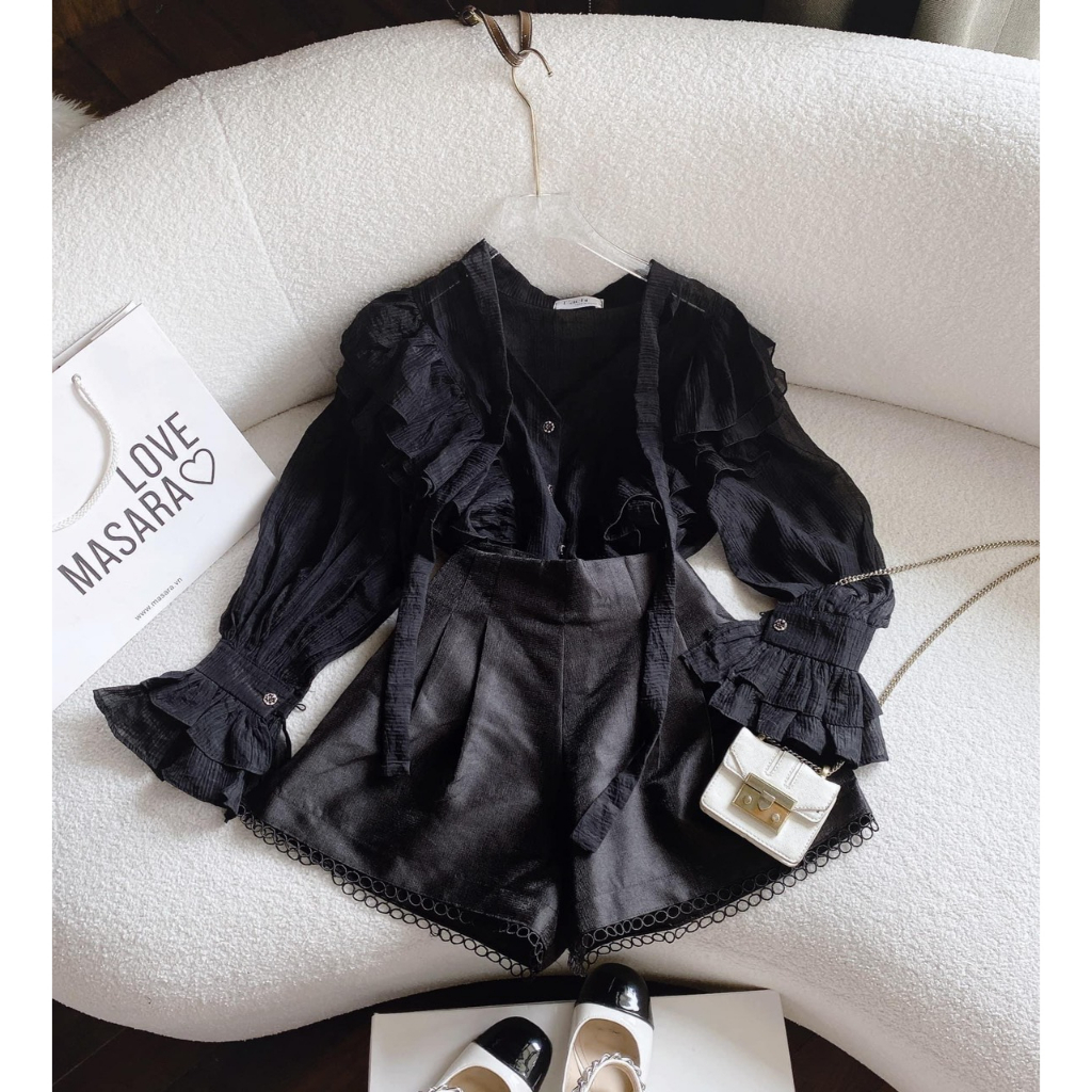 Set Đồ Nữ Mùa Hè Đi Biển Sang Chảnh Tiểu Thư, Bộ Áo Sơ Mi Tay Dài Phồng Quần Short Xòe Giả Chân Váy Thiết Kế Đi Chơi