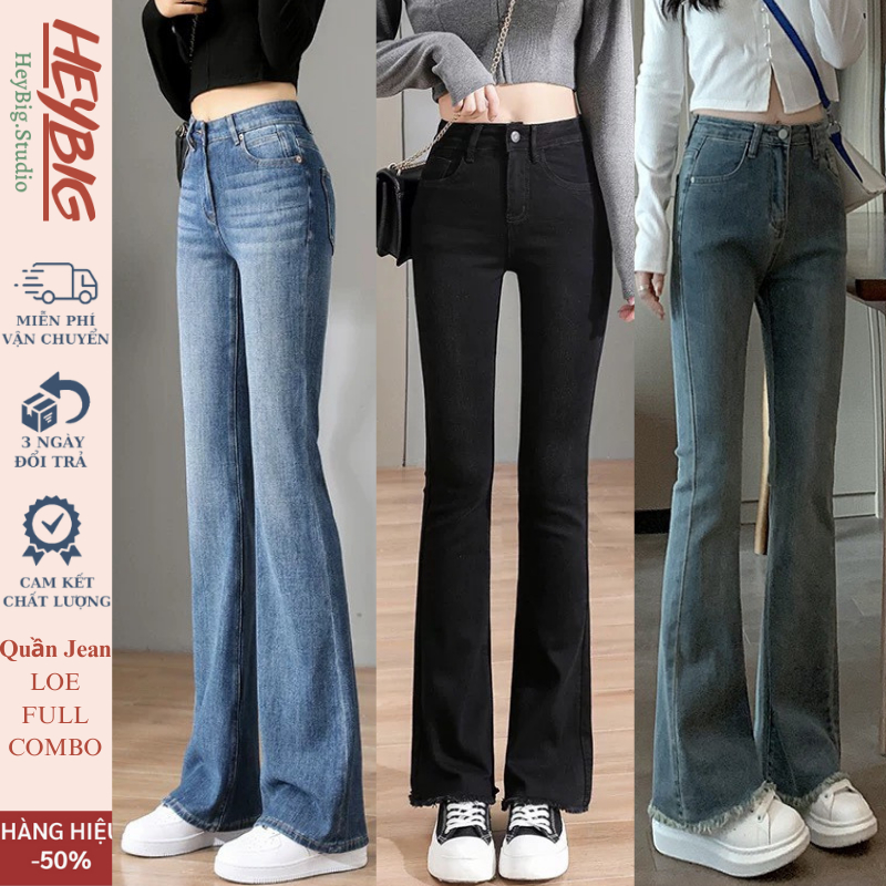 Quần Jeans nữ ống loe co giãn,quần bò jeans nữ RETRO ống đứng rộng suông CẠP CAO NS-01 nữ cao cấp HEYBIG