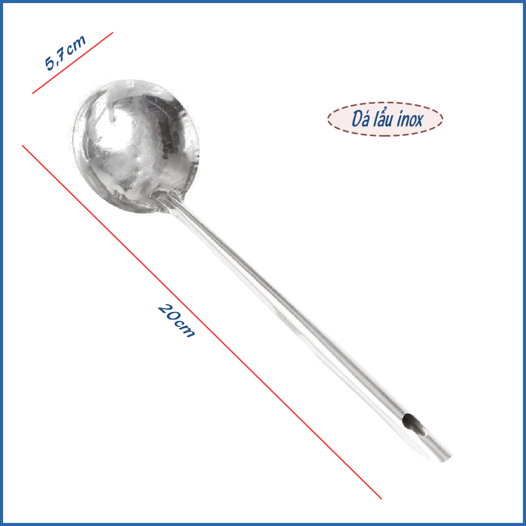 Vá, muỗng, muôi, thìa inox múc canh, có lỗ cán dài loại nhỏ phù hợp múc lẩu