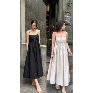 Florence - Đầm midi linen hai dây xoè xếp li ngực (3 màu: đen, trắng, kem nhạt)