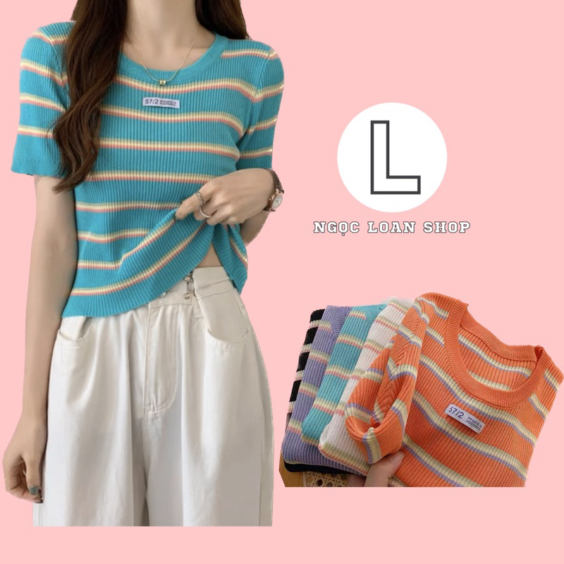 Áo len gân sọc tay ngắn , len dệt kim Quảng Châu_ngọc loan shop.