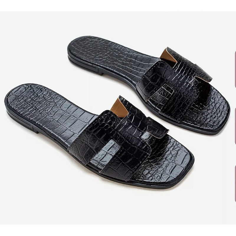 Dép chữ h dép lê nữ thời trang quai ngang đen bóng da rắn sang chảnh