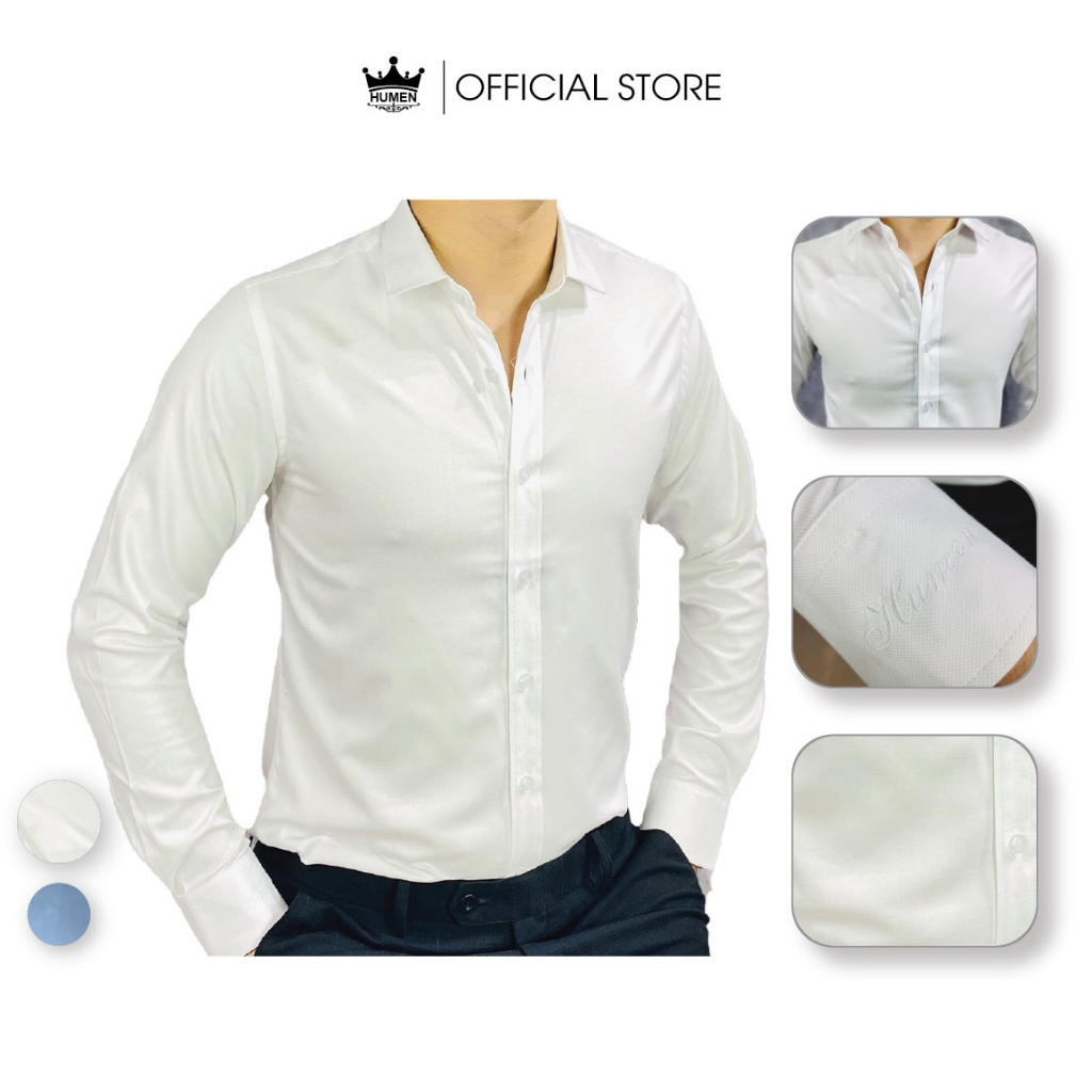 Áo sơ mi nam Humen dài tay màu trắng xanh chất vải sợi sồi mềm mại thoáng khí không nhàu chống nhăn chuẩn form slim | BigBuy360 - bigbuy360.vn