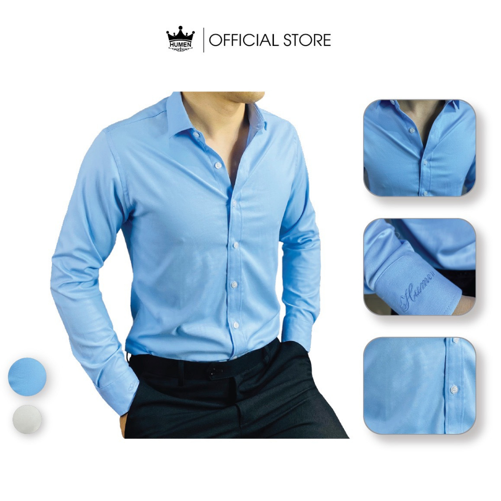Áo sơ mi nam Humen dài tay màu trắng xanh chất vải sợi sồi mềm mại thoáng khí không nhàu chống nhăn chuẩn form slim | BigBuy360 - bigbuy360.vn